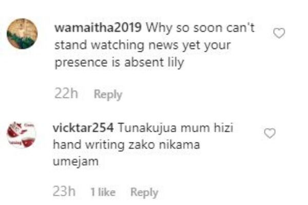 A sample of reactions of worried Lilian Muli's fans after she took a break from social media life on October 24, 2019