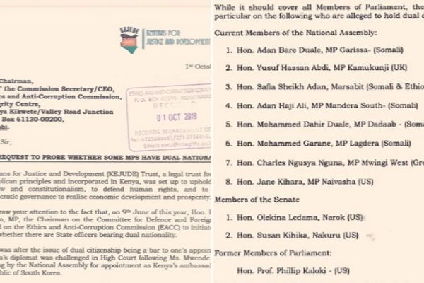 A screenshot of Okiya Omtatah's letter to EACC asking them to audit MPs links to other countries with special attention to National Assembly Majority leader Aden Duale.