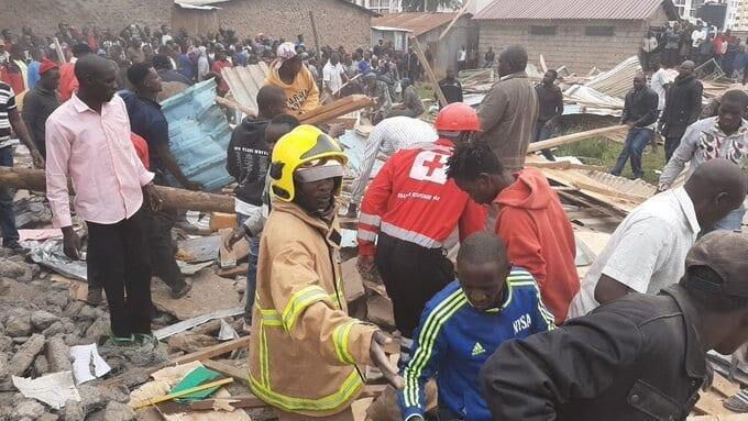 Volunteers working at the collapsed structure at Precious Talent School on Ngong Road in Nairobi