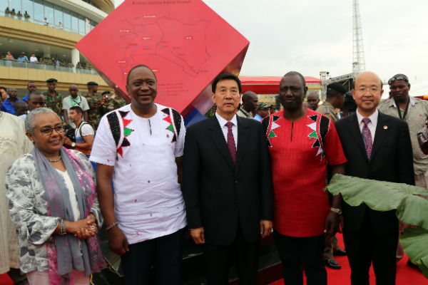 From Left: First Lady Margaret Kenyatta, President Uhuru Kenyatta Chinese Special Envoy Wang Yong, and DP William Ruto during the commissioning of the Standard Guage Railway (SGR) On May 31, 2017