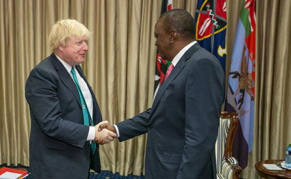 President Uhuru Kenyatta shakes hands with UK Prime Minister Boris Johnson on March 17, 2017