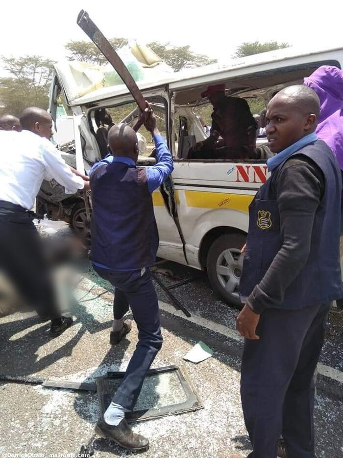 The damaged Matatu involved in a grisly road accident in Naivasha. The midday Monday, September 9 accident reportedly claimed three lives. 