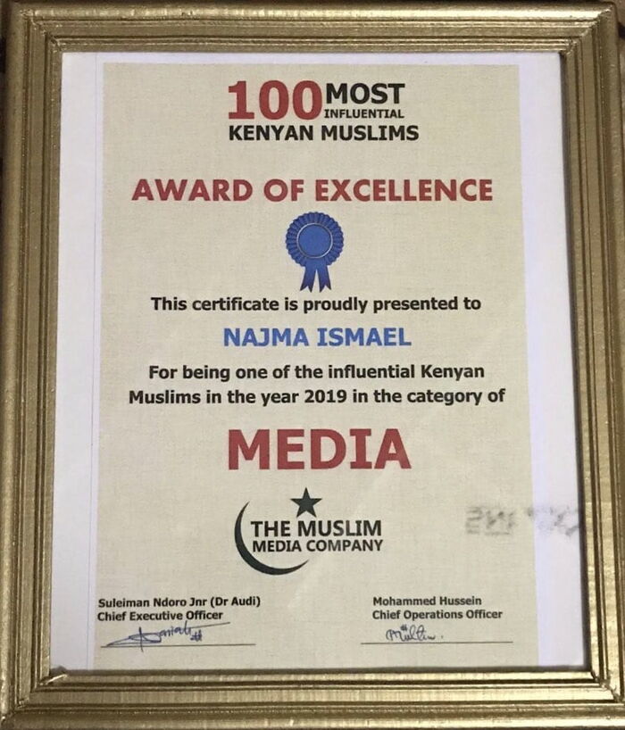 A certificate of recognition given to KTN's Najma Ismail who was hnoured among the top 100 influential Musilims in Kenya on Saturday, November 16.