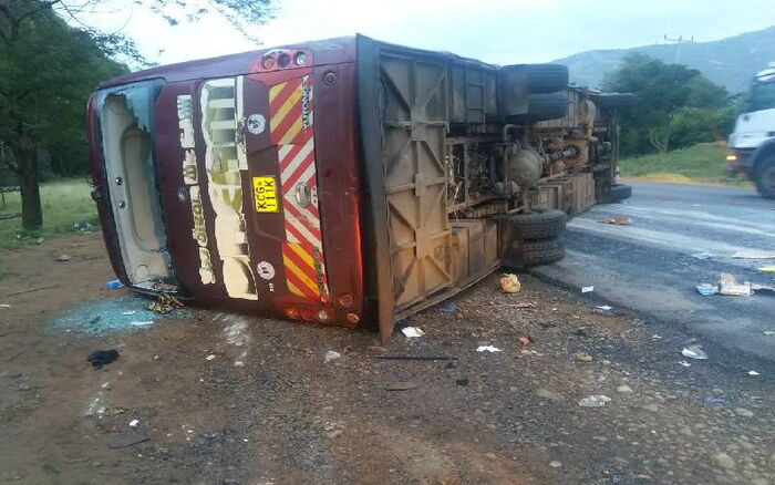 A bus that was involved in an accident along Nairobi-Mombasa Highway on Saturday, January 25, 2020 