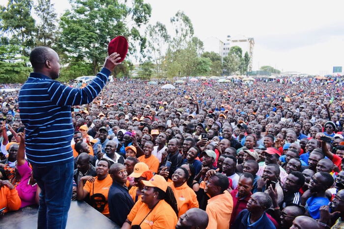 Suna East MP Junet Mohamed showing off the hat to the crowd during Thanksgiving Ceremony in Kibera DC Grounds on November 10, 2019