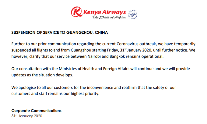 The statement issued by Kenya Airways on Friday, January 31