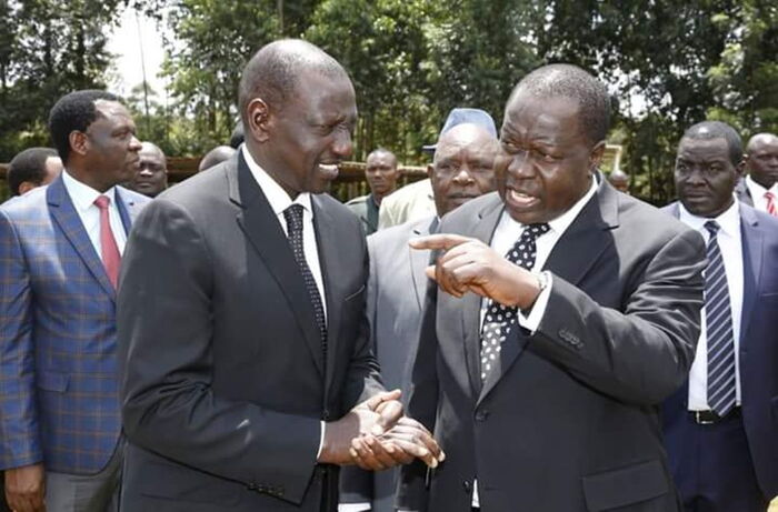Interior CS Fred Matiang'i with DP William Ruto at a past government function. On Sunday, November 11, Matiang'i led CS in a coded attack on Ruto in Murang'a County