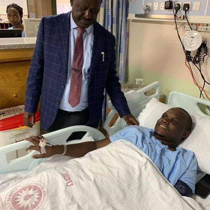 A photo of Raila visiting ailing Norman Magaya. Dikembe accused ODM Executive Directo Oduor Ong'wen of insubordination