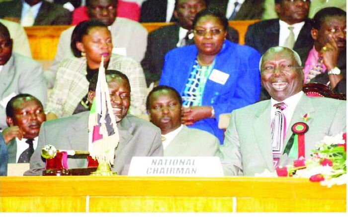 Mzee Daniel Moi (right) and Raila Odinga at a Kanu-NDP delegates conference in 2001. 
