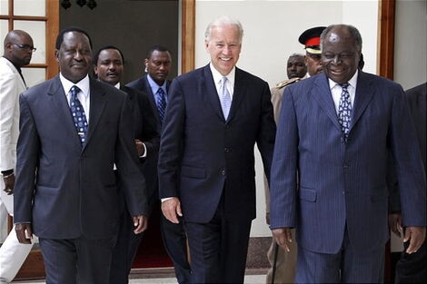 Former Prime Minister Raila Odinga, former US Vice President Joe Biden and former President Mwai Kibaki at State House in 2010 