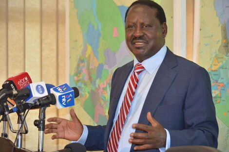 Azimio flagbearer Raila Odinga addressing a press conference in a past event