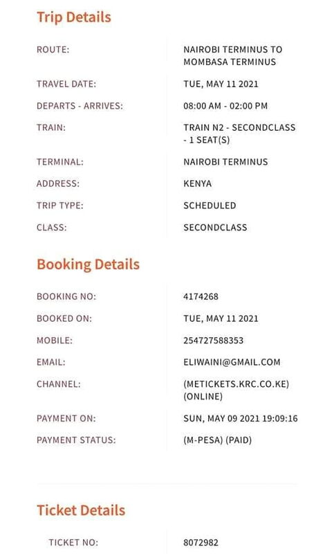 An image of the ticket shared on social media by Mwangi's daughter on Wednesday, May 12.