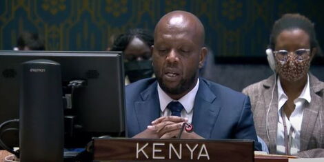 Kenya's Permanent Representative to the UN Ambassador Martin Kimani during a session at the UNSC on Monday evening February 28, 2022.