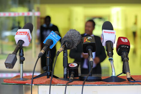 Microphones set up for a press conference in Nairobi on Thursday, February 20, 2020.