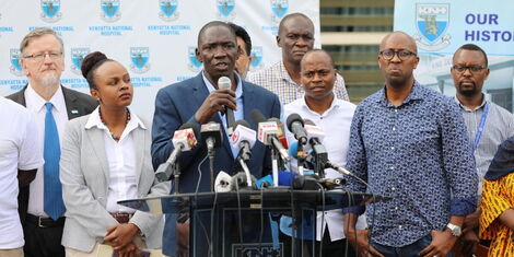 Government Spokesman Cyrus Oguna addresses the media at Kenyatta National Hospital on Saturday, March 14, 2020