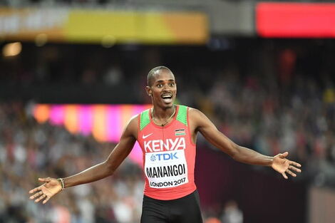 Kenyan athlete Elijah Manangoi celebrates after finishing second at the 2017 IAAF World Championships in London. 
