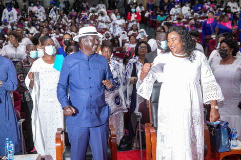 Raila Odinga and his wife Ida Odinga during the Azimio la Wamama congregation at CUEA on Thursday, November 18, 2021