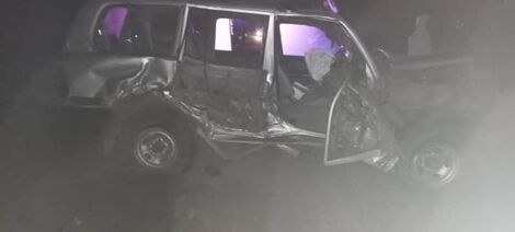 Ex Mwingi MP Joe Mutambu's car in a mangled wreck after the car collided with a tractor on Sunday, December 5.
