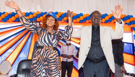 Nairobi Woman Representative aspirant, Bernadette Wangui Ng'ang'a, alongside Orange Democratic Movement (ODM) party leader Raila Odinga.