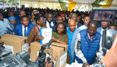 from right; Azimio flagbearer Raila Odinga, prof. Makau Mutua and Azimio deputy presidential candidate Martha Karua filing their petition at the supreme court on August 22, 2022