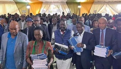 From left; Prof. Makau Mutua and Azimio deputy presidential candidate Martha Karua and Azimio flagbearer Raila Odinga, filing their petition at the supreme court on August 22, 2022