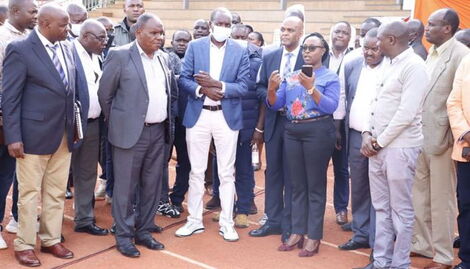 Kisii Governor-elect Simba Arati third from left and other county leaders inspecting Gusii Stadium ahead of inaugration on August 24, 2022