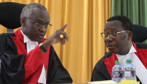 Hon. Justice Lenaola Njagi (left) giving orders as Hon. Justice Smokin Wanjala (right) watches on at the Supreme court on August 31, 2022