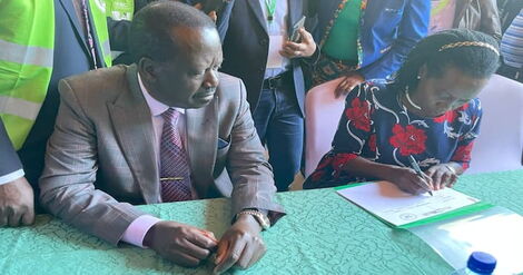 Azimio la Umoja presidential candidate Raila Odinga and his running mate Martha Karua at the Bomas of Kenya on Sunday, June 5.