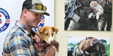 Sgt. Chase Griffith and his rescue dog Avery along with a photo of the two in Kenya when the dog was a small puppy.