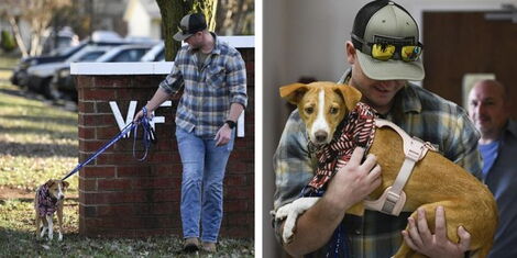 A Collage of Sgt. Chase Griffiths walking his dog (L) and Army National Guard Sgt. Chase Griffith of Martinsville carrying his dog