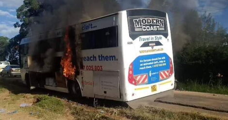 A Modern Coast bus bursts into flames at Bendera center along Chavakali - Kapsabet Road on Monday, December 27, 2021.