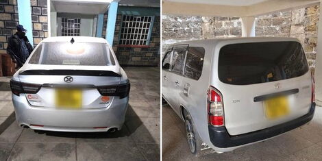 A Toyota Mark X (left) and Toyota Probox (right) retrieved by DCI from 8 scammers in Nakuru and Trans Nzoia Counties on Wednesday, February 8, 2023.