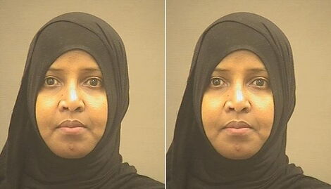 A collage of a booking photo of Farhia Hassan at the Alexandria Sheriff's Office