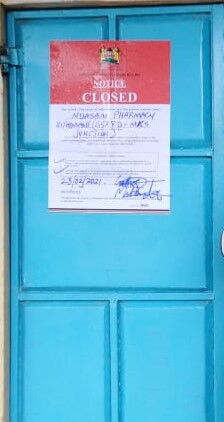 A closed sign placed on a pharmacy shut down by the Pharmacy and Poisons Board on February 26, 2021 in the Lower Eastern Region