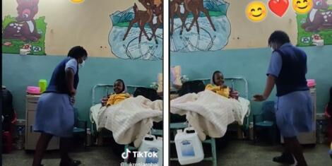 A collage of KMTC student nurse Lukresia Robai and a snippet of her dancing for a patient in hospital.