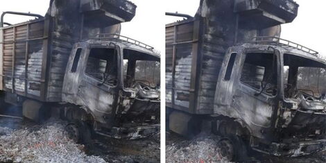 A collage a burnt truck