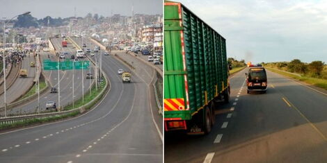 A collage of a broken white line demacating lanes on Thika Road and broken white lines separating a climbiming lane of the highway