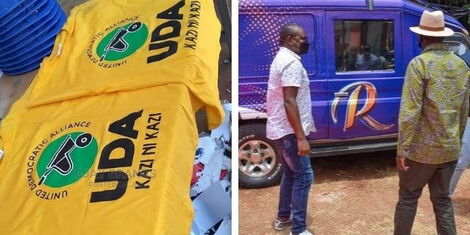 A collage of UDA branded t-shirts and a vehicle donated to ODM party leader, Raila Odinga.