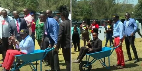 A collage of William Ruto being pushed by Oga Obinna (left) and Anto Neosoul being pushed by William Ruto on a wheelbarrow(right)