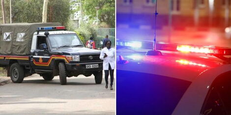 A collage of a Kenyan police car (left) and blue & red lights atop a vehicle (right)