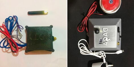 A collage of a car alarm system (left) and a home alarm system (right) invented by two brothers Samuel Githui and Michael Machina.