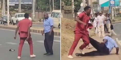 A collage of a fight involving a matatu driver (n blue shirt) and a conductor (in maroon) on Tuesday, January 24, 2023