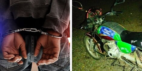 A collage of a man in handcuffs and a motorcycle rider . 