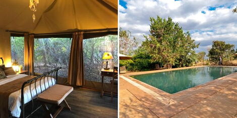A collage of a room and swimming pool at the iKweta Safari Camp in Meru county