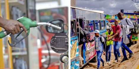 A collage of a vehicle at a filling station adn passengers boarding a matatu in Nairoboi..jpg