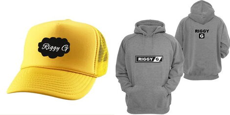 A collage of branded Riggy G yellow cap and the front & back of a grey Riggy G branded hoodie