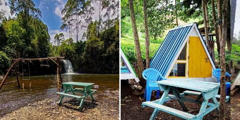 A collage of the Kathiri waterfall (left) and a cabin (right) at the Outdoorsman cabins in Kirinyaga county