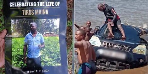 A collage of the late businessman who drowned in Juja dam's funeral program (left) and men pulling the vehicle from the dam (right)