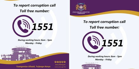 A collage of the poster showing the toll free number to call when reporting corruption