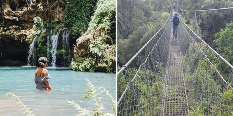 A collage visitors at the Ngare Ndare forest, one in the pool of water (left) and another on the canopy walk (right)